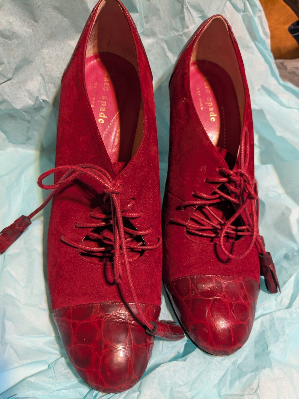 Kate Spade Burgundy Red Suede Faux Croc Lace-Up Heels 7B Spectator